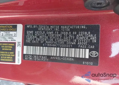 2007 Toyota Camry Hybrid z USA, uszkodzony, nr VIN 4T1BB46K77U005021